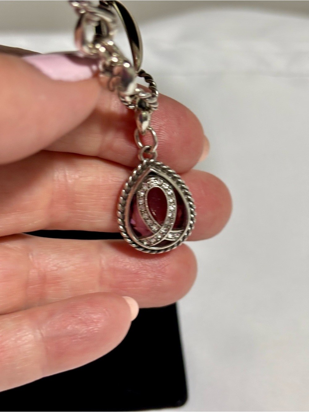 Vintage Brighton SP Link Chain Bracelet w/ a Large Amethyst Crystal Teardrop